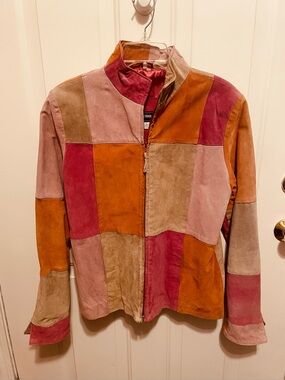 Vintage Patchwork Genuine Suede Zip-Front Jacket in Pink, Orange & Beige M/L